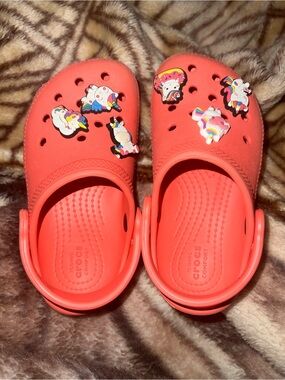 CROCS Kids Coral-Red Clogs with Unicorn Jibbitz